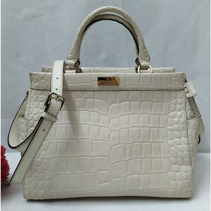 Kate Spade New York Ivory Leather Crocodile Embossed Top Handle Satchel Bag